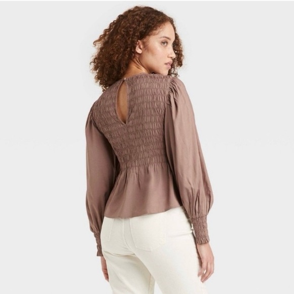 A New Day Brown Smocked Puff Sleeve Blouse - Picture 2 of 5